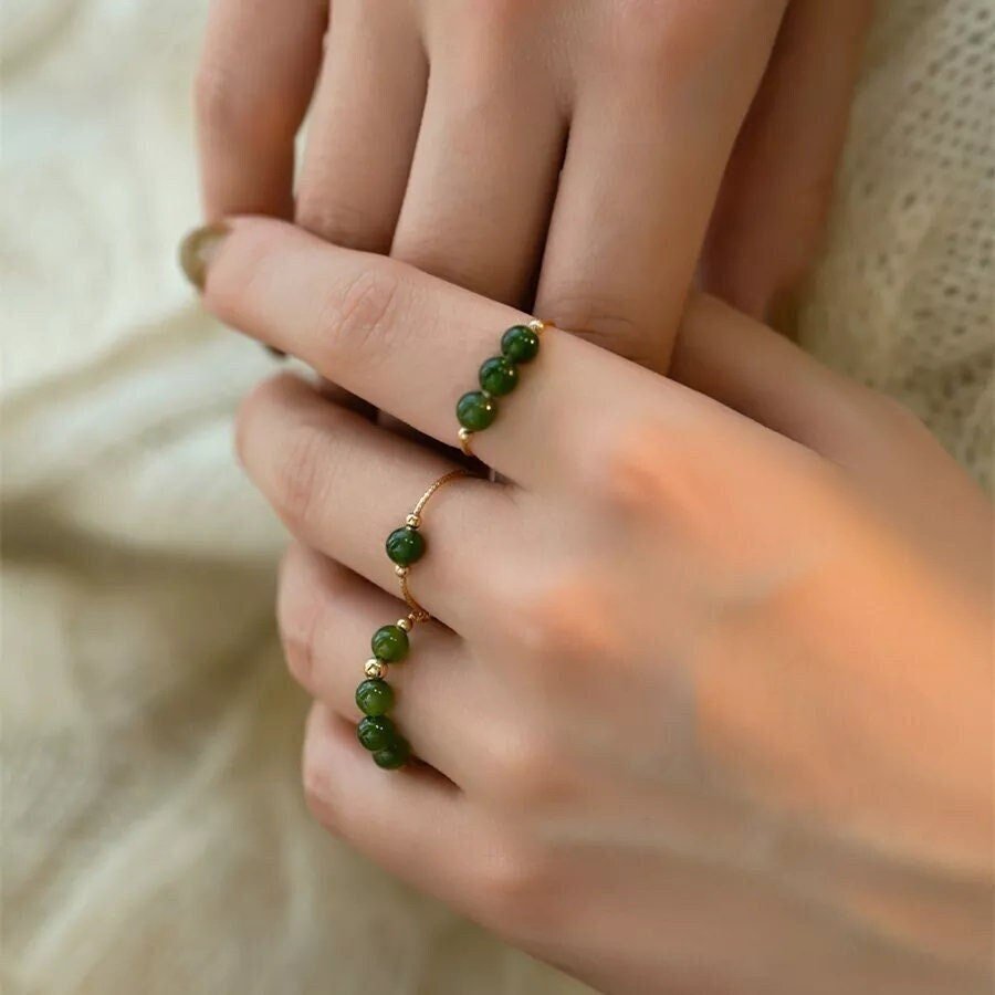 Green Jade Ring, Tiny Jade Beads Stackable Ring, Dainty Jade Ring, Thin Gold Band, Genuine Hetian Jade, Stackable Ring, Multi Stone Ring
