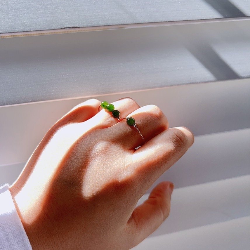 Green Jade Ring, Tiny Jade Beads Stackable Ring, Dainty Jade Ring, Thin Gold Band, Genuine Hetian Jade, Stackable Ring, Multi Stone Ring