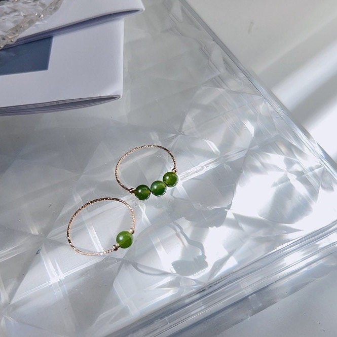 Green Jade Ring, Tiny Jade Beads Stackable Ring, Dainty Jade Ring, Thin Gold Band, Genuine Hetian Jade, Stackable Ring, Multi Stone Ring