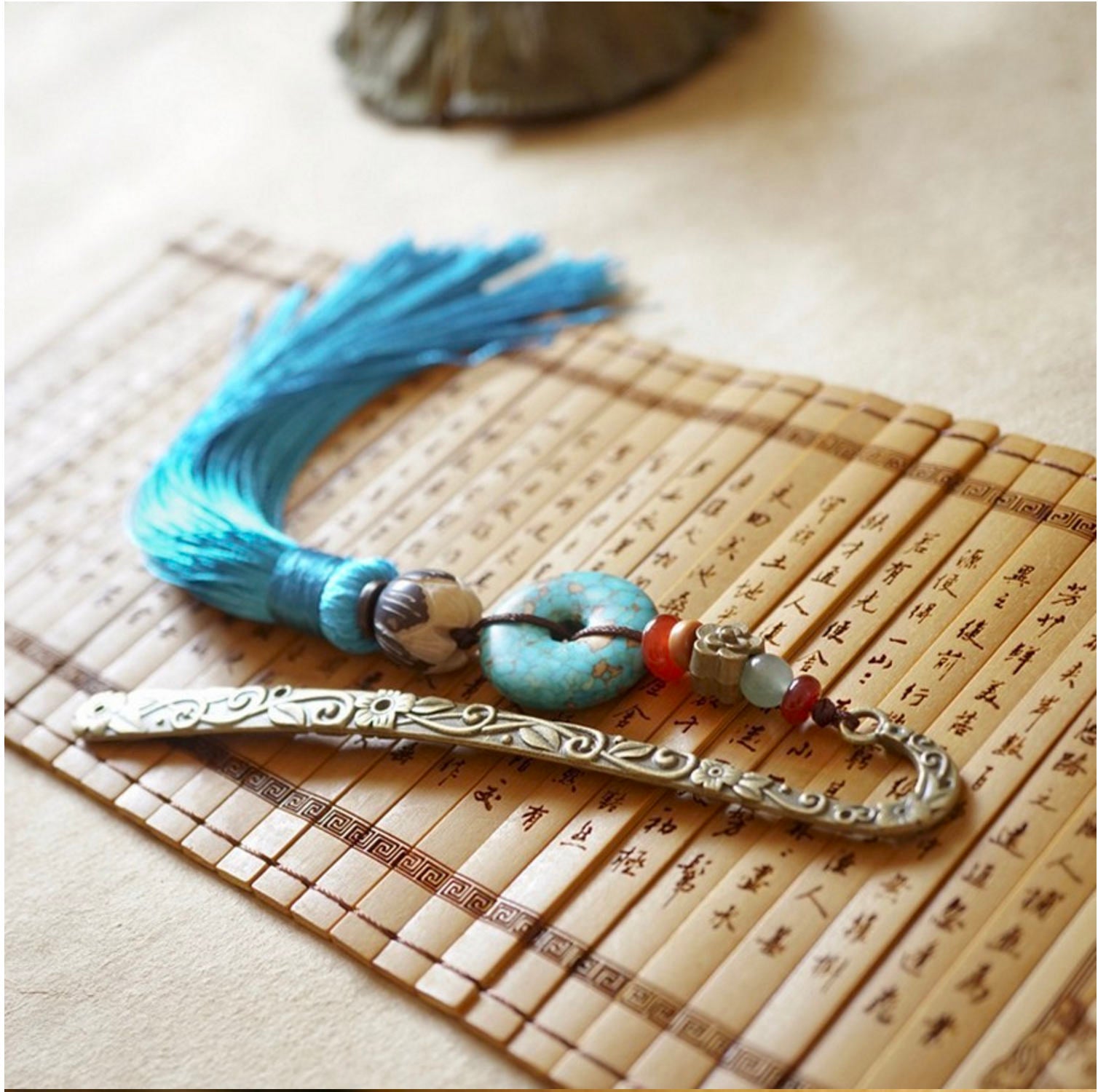 Ancient Chinese Bookmark, Bronze BookMark, Asian Style Bookmark with Tassel, Buddha Carved, Agate, Jade, and Turquoise