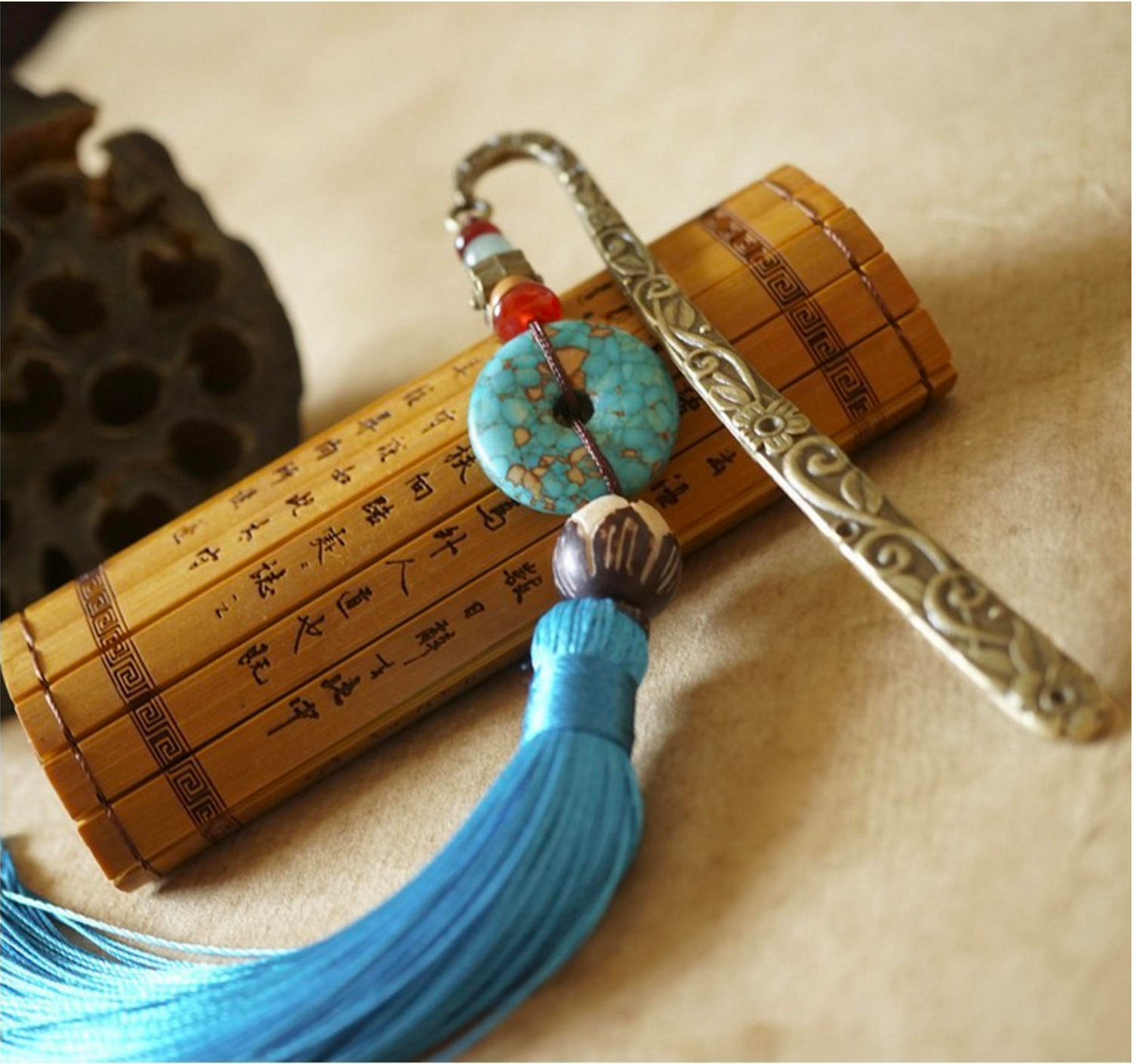 Ancient Chinese Bookmark, Bronze BookMark, Asian Style Bookmark with Tassel, Buddha Carved, Agate, Jade, and Turquoise