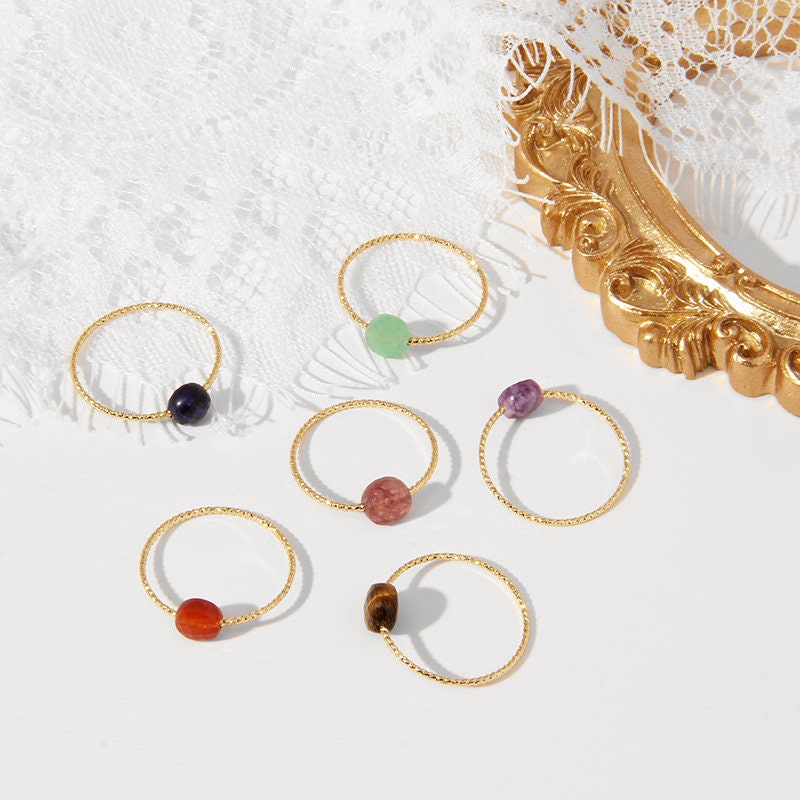 Dainty Natural Stone Ring, Gemstone Ring, Stacking Ring, Crystal Ring, Amethyst Ring, Quartz, Tiger Eye, Red Agate, Lapis Lazuli, Aventurine