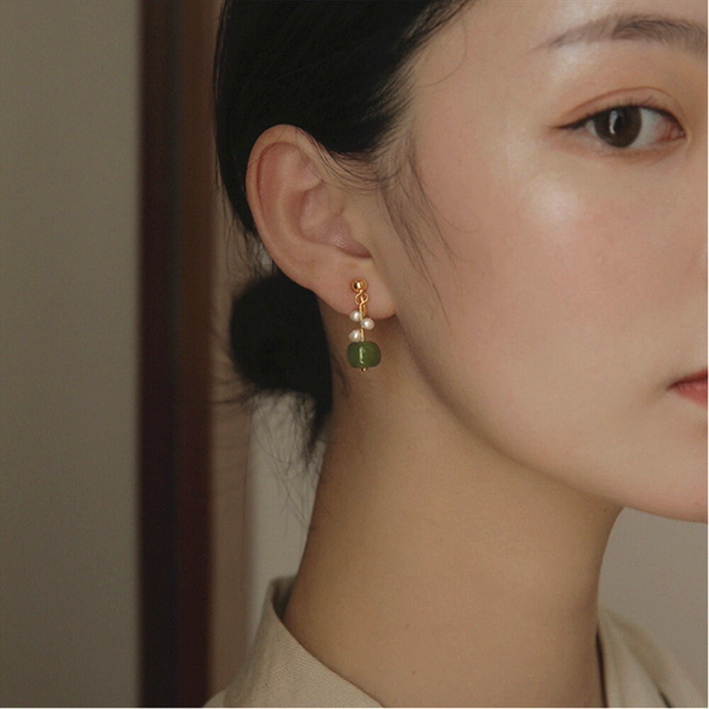 Natural Jade Earrings, Jade Pearl Earrings, Light Dark Green Nephrite Earrings with Clips-on or Pierced Option, Hetian Jade Bead Earring