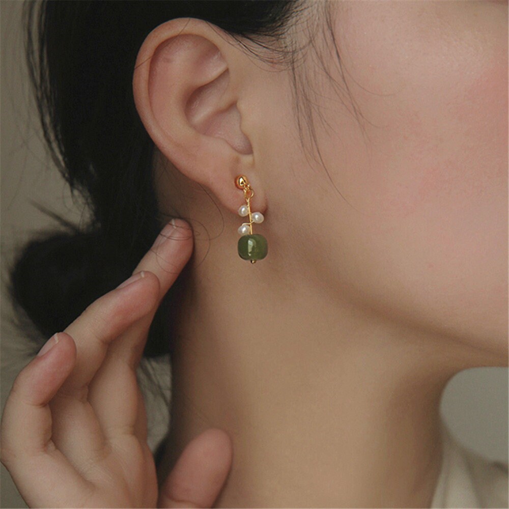 Natural Jade Earrings, Jade Pearl Earrings, Light Dark Green Nephrite Earrings with Clips-on or Pierced Option, Hetian Jade Bead Earring