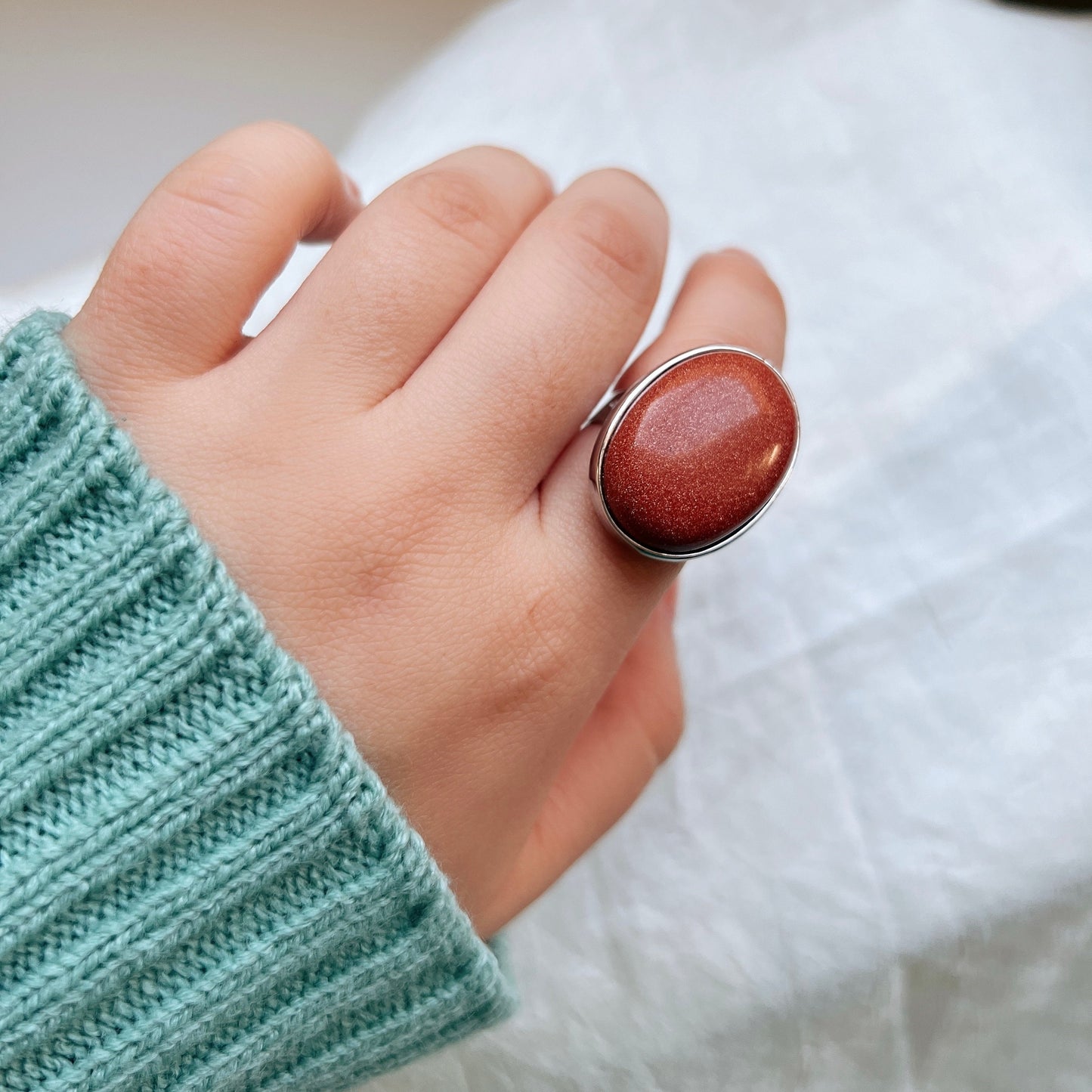 Boho Style Big Size Natural Stone Ring, Oval Round Gemstone Ring, Pink, Green Aventurine, Goldstone, Black Carnelian, Pink Crystal