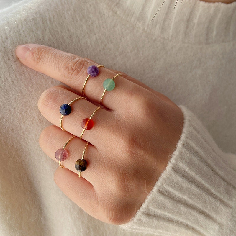 Dainty Natural Stone Ring, Gemstone Ring, Stacking Ring, Crystal Ring, Amethyst Ring, Quartz, Tiger Eye, Red Agate, Lapis Lazuli, Aventurine