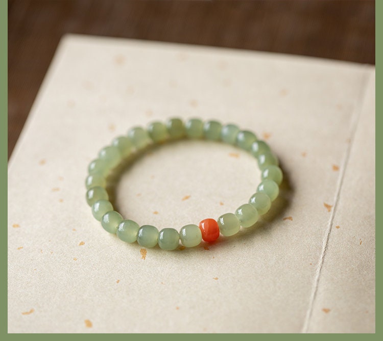 Simple Nephrite Light Green Bracelets Minimalist Natural Hetian Jade Bucket Beaded Bracelet with one south red agate For Women Girls Gift