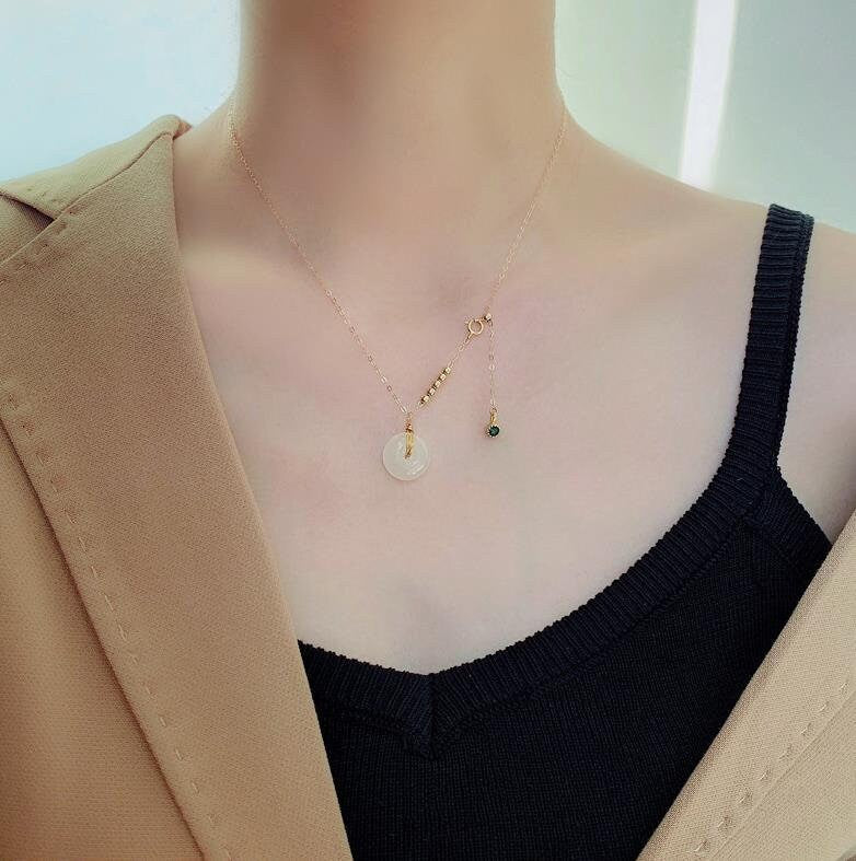 Natural Hetian Jade Necklace, Gold Silver Chain Jade Choker, Minimalist Lucky Donut Nephrite Pendant, Dainty Jade Necklace, White Jade Donut