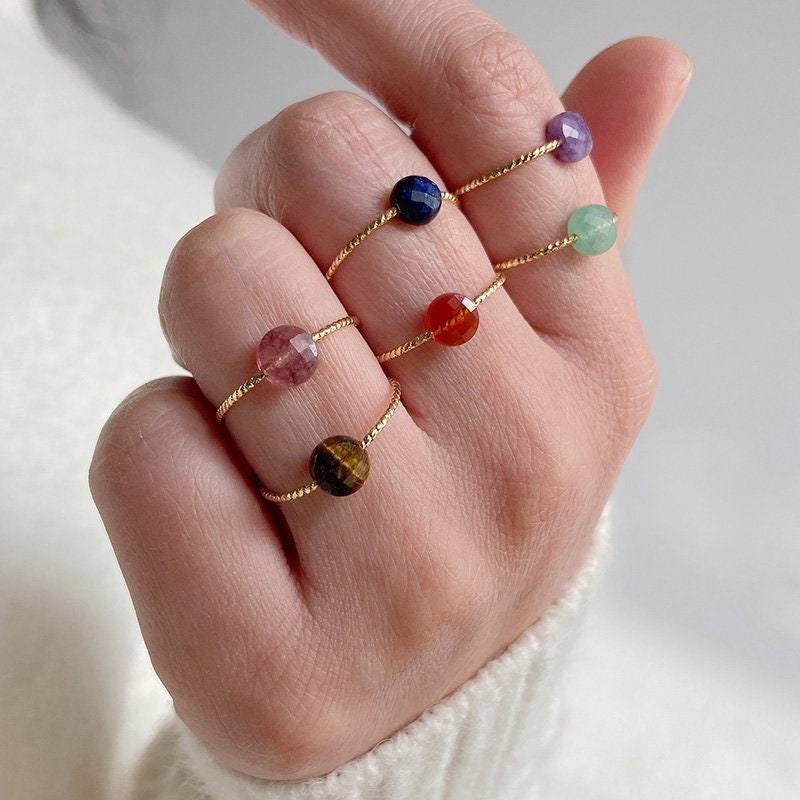 Dainty Natural Stone Ring, Gemstone Ring, Stacking Ring, Crystal Ring, Amethyst Ring, Quartz, Tiger Eye, Red Agate, Lapis Lazuli, Aventurine