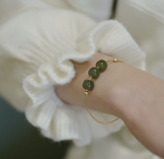 Simple Natural Hetian Jade Bracelets light or dark green beads, minimalist 14k Gold Plated Bangle nephrite gift for wife girlfriend daughter