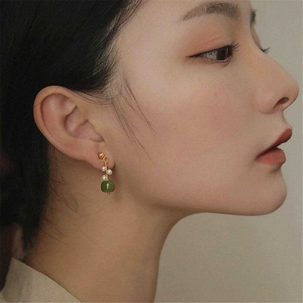 Natural Jade Earrings, Jade Pearl Earrings, Light Dark Green Nephrite Earrings with Clips-on or Pierced Option, Hetian Jade Bead Earring