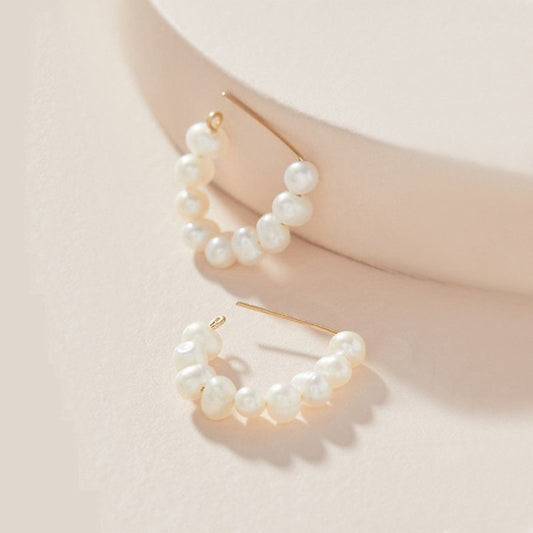 Mini Size Freshwater Pearl Beaded Hoop Earrings, Modern Classic Small Pearl Hood Earrings