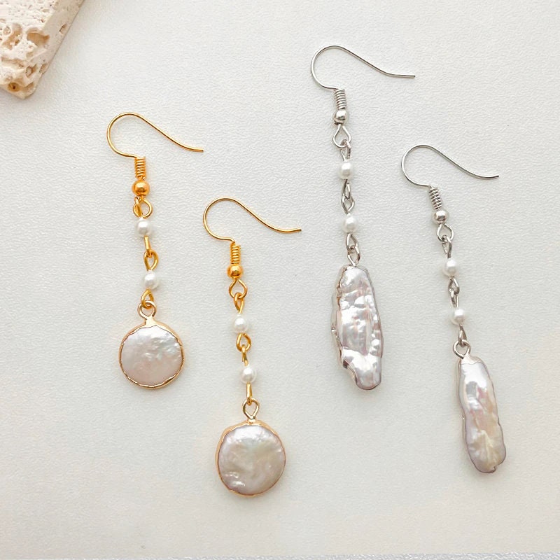 Boho Style Handmade Freshwater Pearl Earrings, Baroque Irregular Pearl Earrings with Gold or Silver Plated Gilt Edging