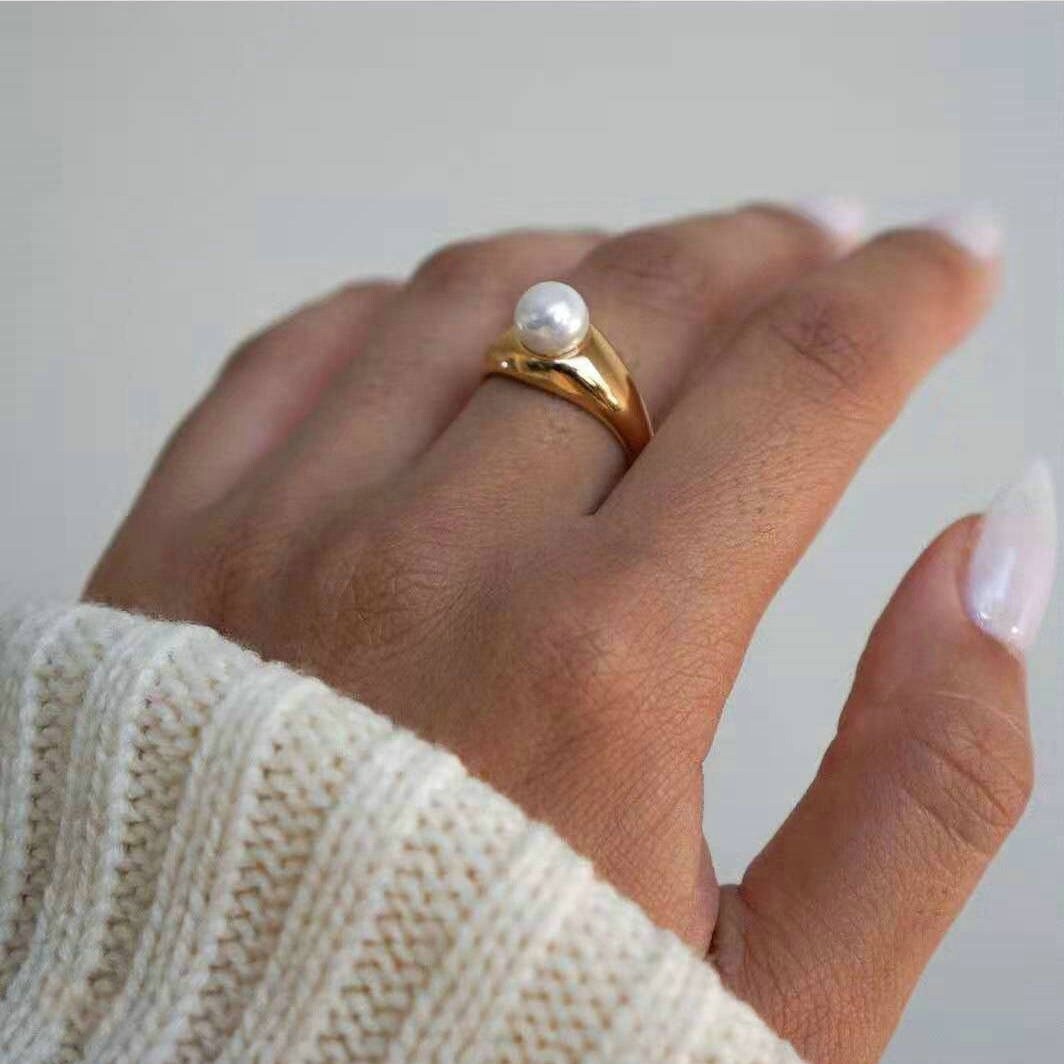 Fashion Unique Pearl Ring, Natural Fresh Water Pearl Jewelry, Minimalist Single pearl on 18K Gold Plated Stainless Steel Band, Gift for Her