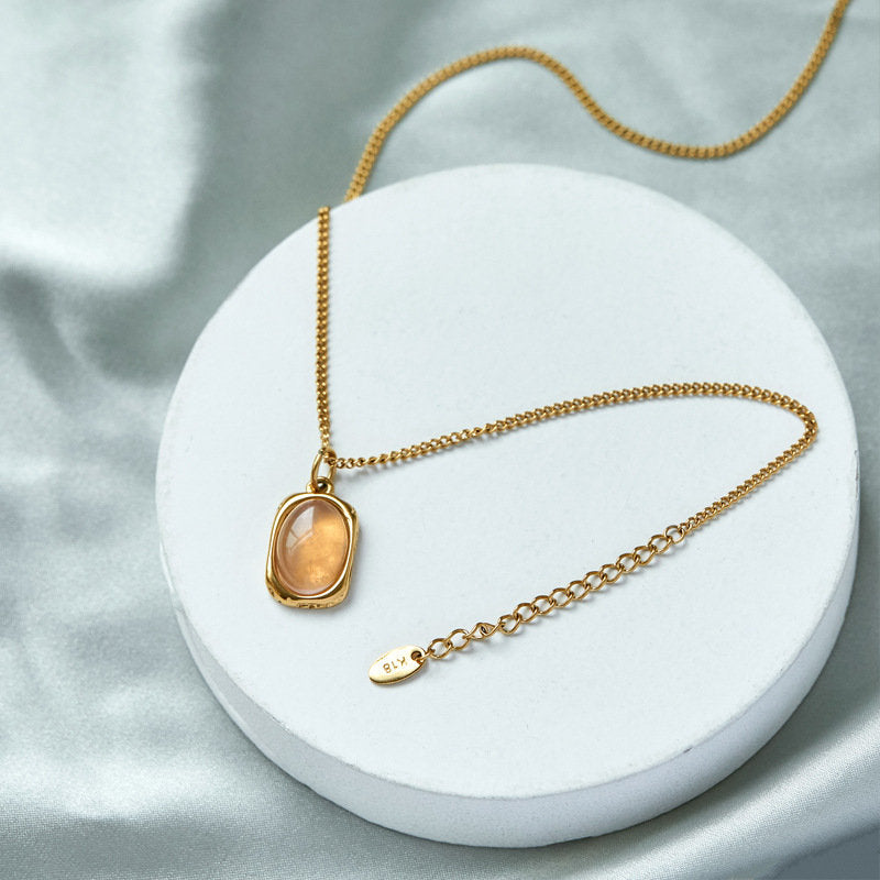 Natural Pink Jade Crystal Pendant Necklace, Natural Stone Oval Shape Gemstone with 18k Gold Plated Stainless Steel Classic Chain Mom gift