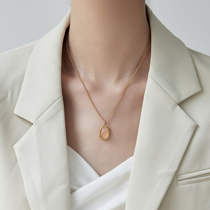 Natural Pink Jade Crystal Pendant Necklace, Natural Stone Oval Shape Gemstone with 18k Gold Plated Stainless Steel Classic Chain Mom gift