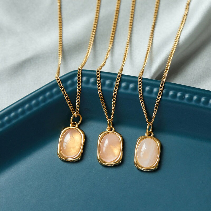 Natural Pink Jade Crystal Pendant Necklace, Natural Stone Oval Shape Gemstone with 18k Gold Plated Stainless Steel Classic Chain Mom gift