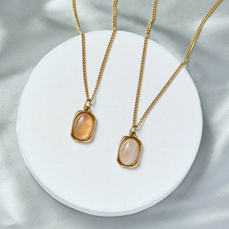 Natural Pink Jade Crystal Pendant Necklace, Natural Stone Oval Shape Gemstone with 18k Gold Plated Stainless Steel Classic Chain Mom gift