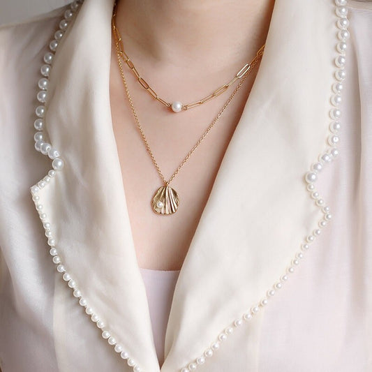 Natural Single Fresh Water Pearl Pendant Necklace on 18K Gold Plated Stainless Steel Chain, Large Clip Rectangle Link Chain, Modern Classic