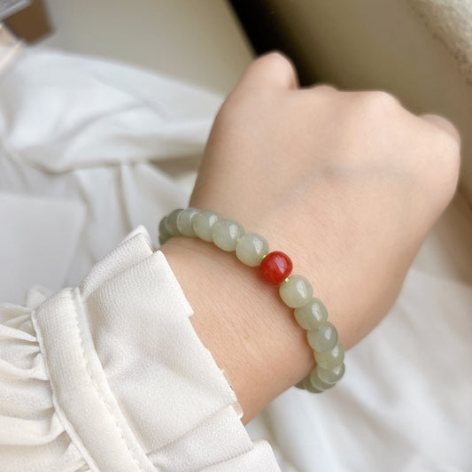 Simple Nephrite Light Green Bracelets Minimalist Natural Hetian Jade Bucket Beaded Bracelet with one south red agate For Women Girls Gift