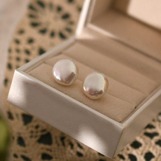 13-15mm Baroque Coin Pearl Stud Earrings, Natural Fresh Water Pearl Earrings, Simple Single Flat Pearl Earrings