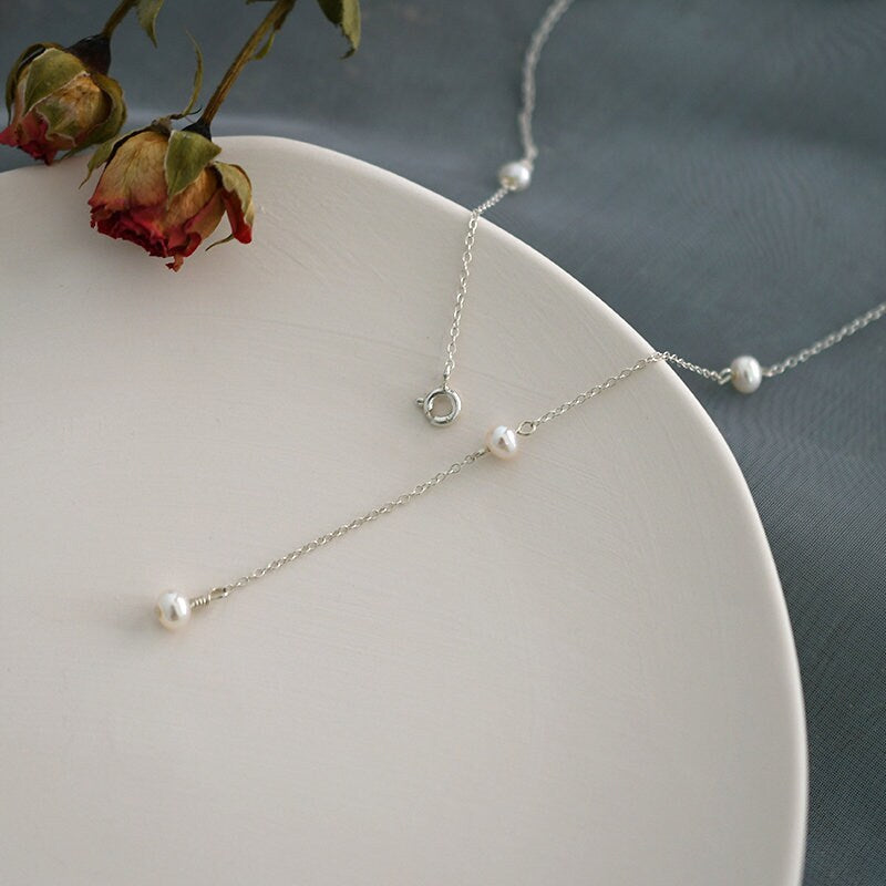 Fresh Water Pearls Necklace, Wedding Pearl Necklace, S925 Sterling Silver Necklace, Y Lariat Pearl Necklace, Dainty Natural Pearl Necklace