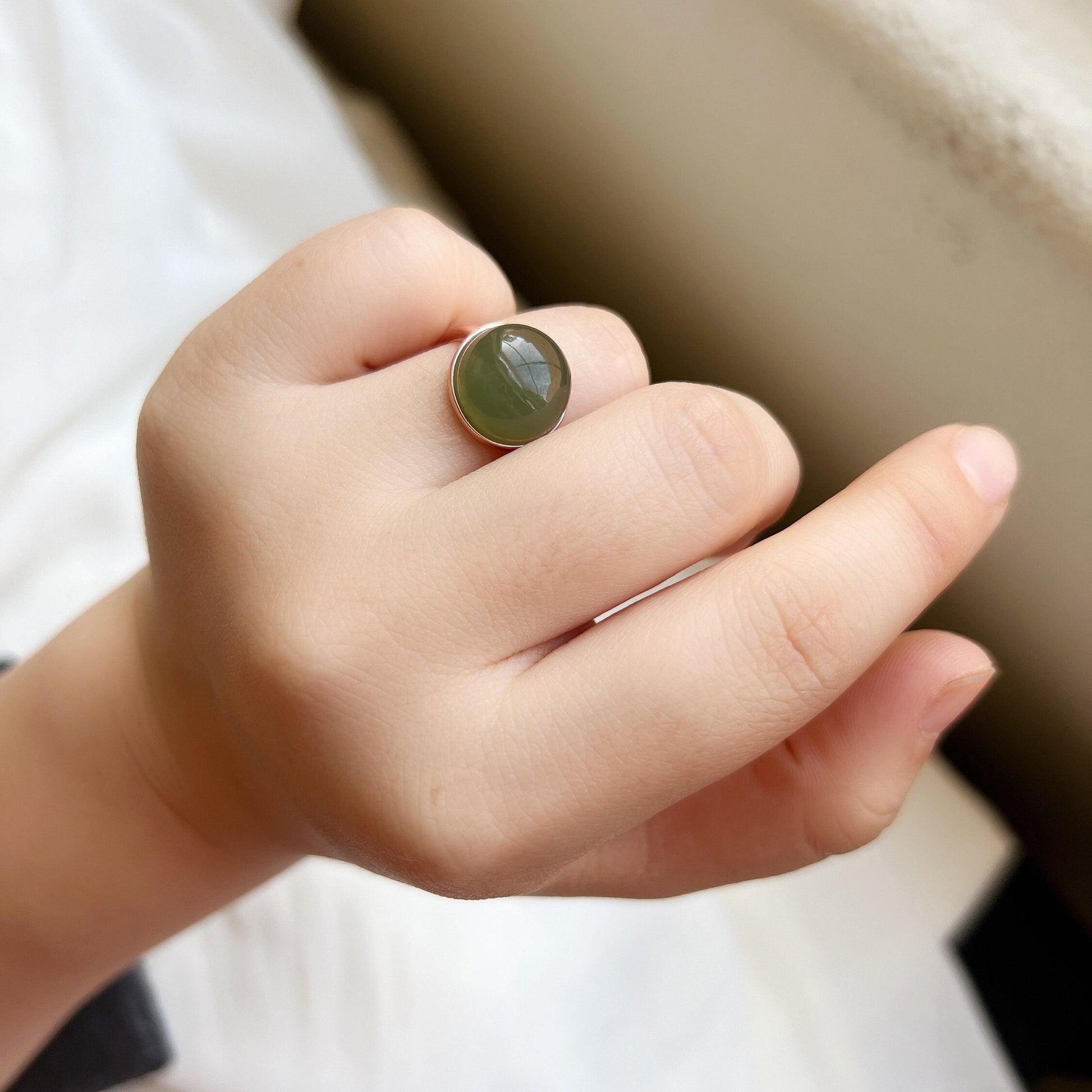 Genuine Green Jade Ring, Light Green Jade Ring, Round Vintage Nephrite Ring, Hetian Jade Ring, Gold Plated 925 Silver Adjustable Ring