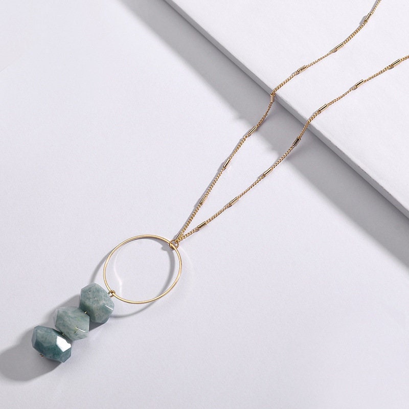 Faced Natural Amazonite Necklace, 3 Green Natural Stone with 1 big hoop Pendant Necklace,  Boho Style 32+2 Inch Long Chain Necklace