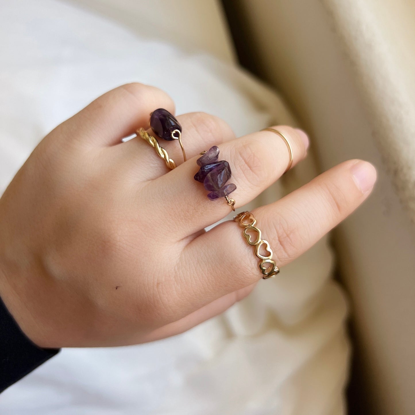 Natural Stone Stackable Ring Set, Natural Stone 5 Pieces Stacked Ring Set, Boho Style Multiple Finger Rings