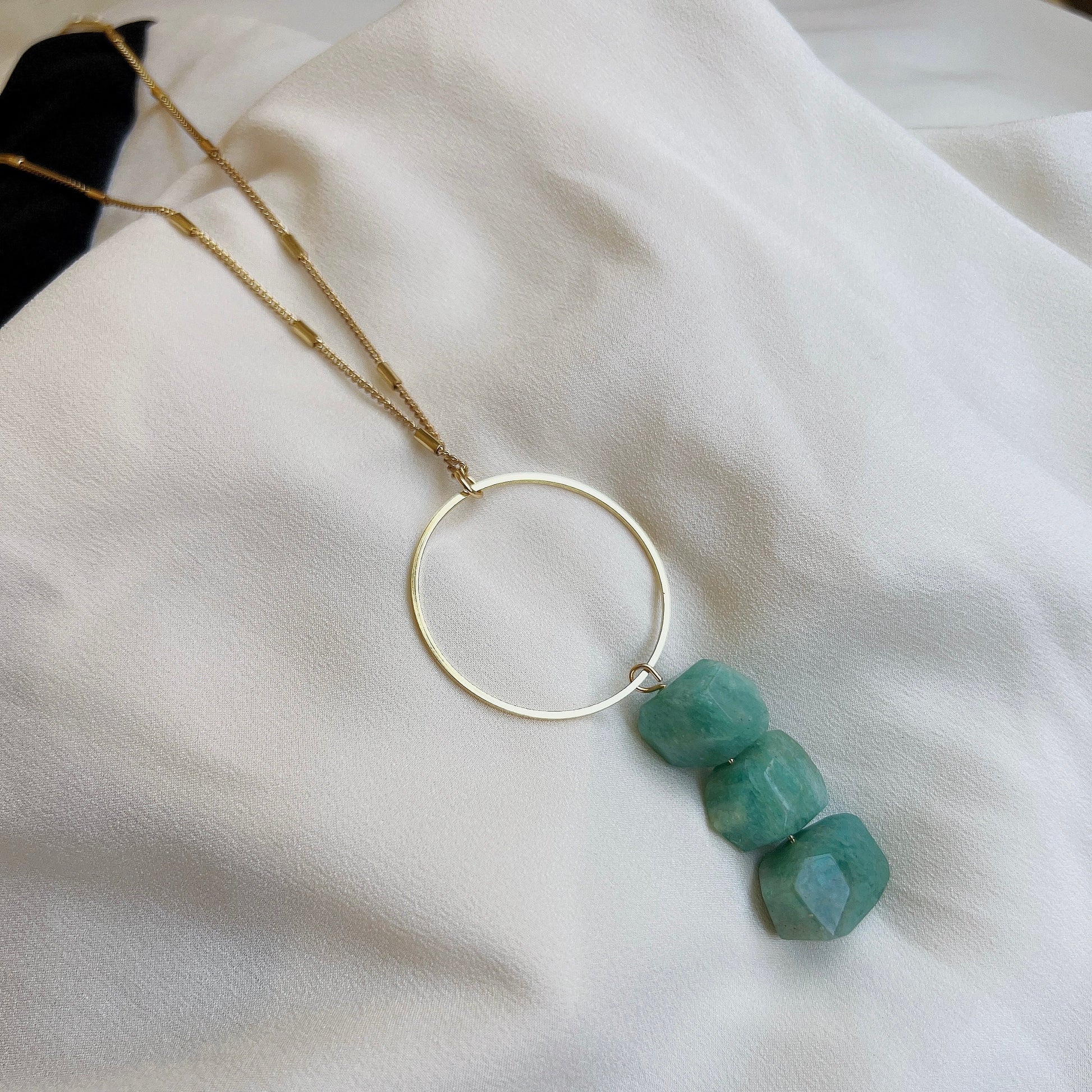 Faced Natural Amazonite Necklace, 3 Green Natural Stone with 1 big hoop Pendant Necklace,  Boho Style 32+2 Inch Long Chain Necklace