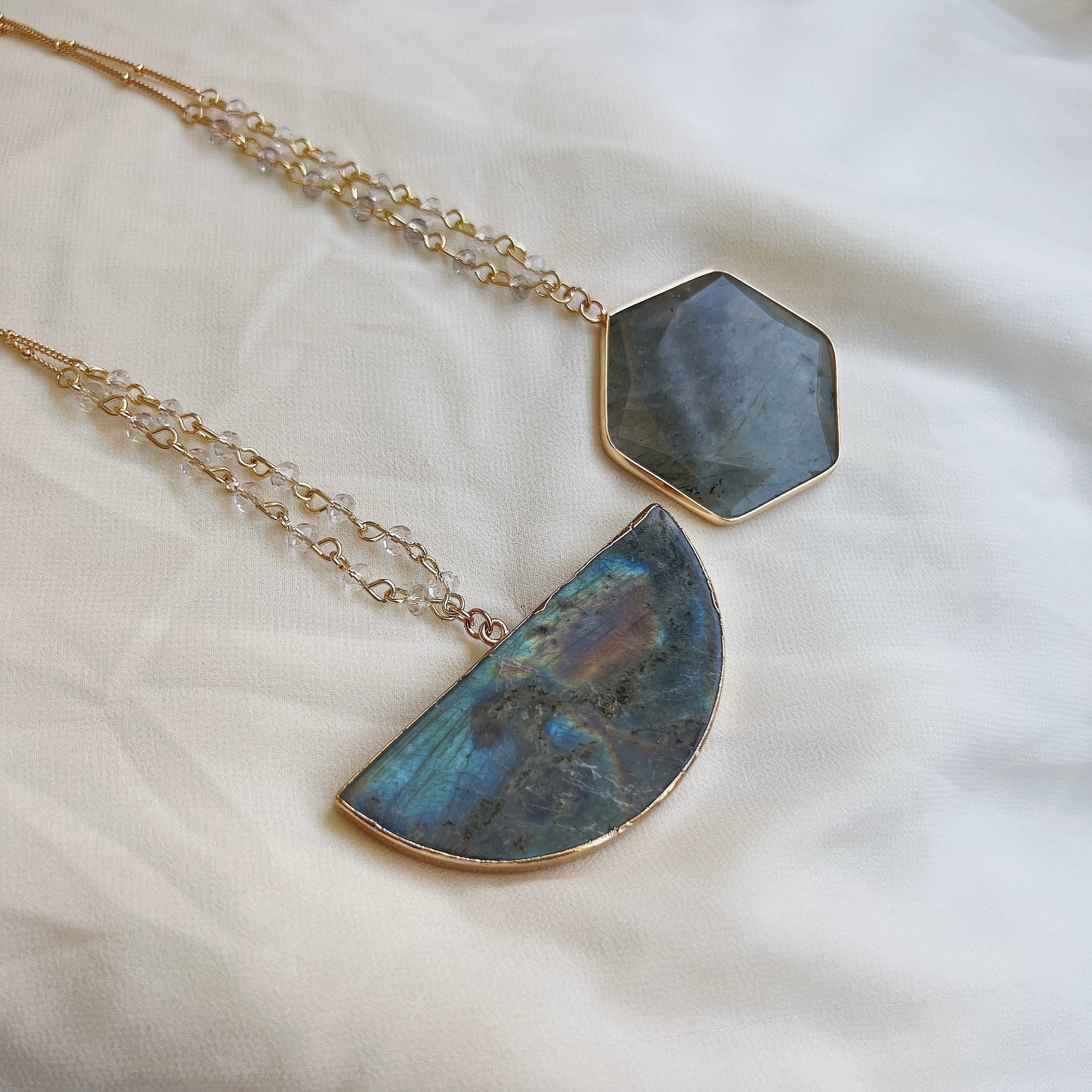 Hexagon Natural Labradorite Stone Pendant Necklace, Half Circle Large Natural Stone necklace, Boho Style 32+2 Inch Long Chain Necklace