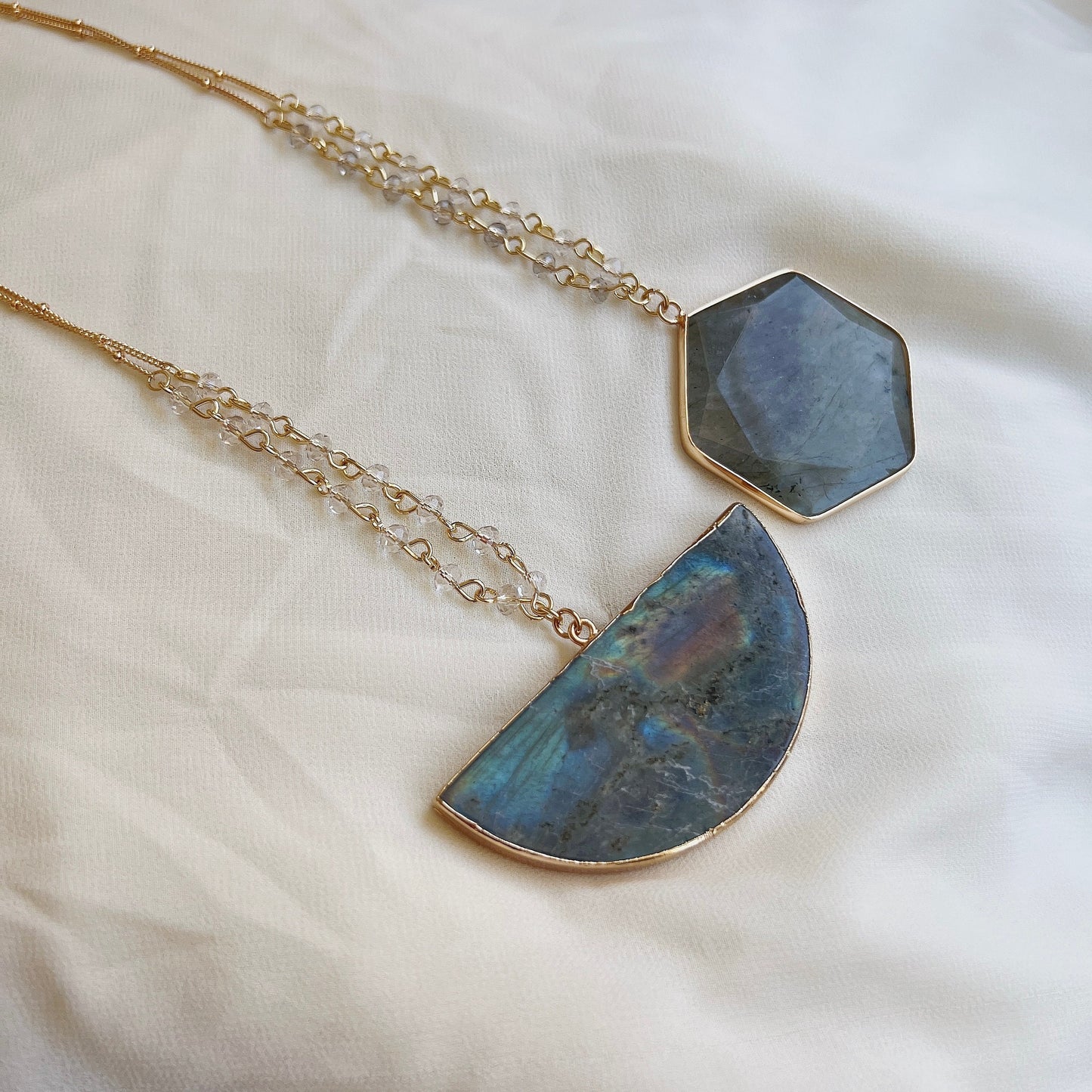 Hexagon Natural Labradorite Stone Pendant Necklace, Half Circle Large Natural Stone necklace, Boho Style 32+2 Inch Long Chain Necklace