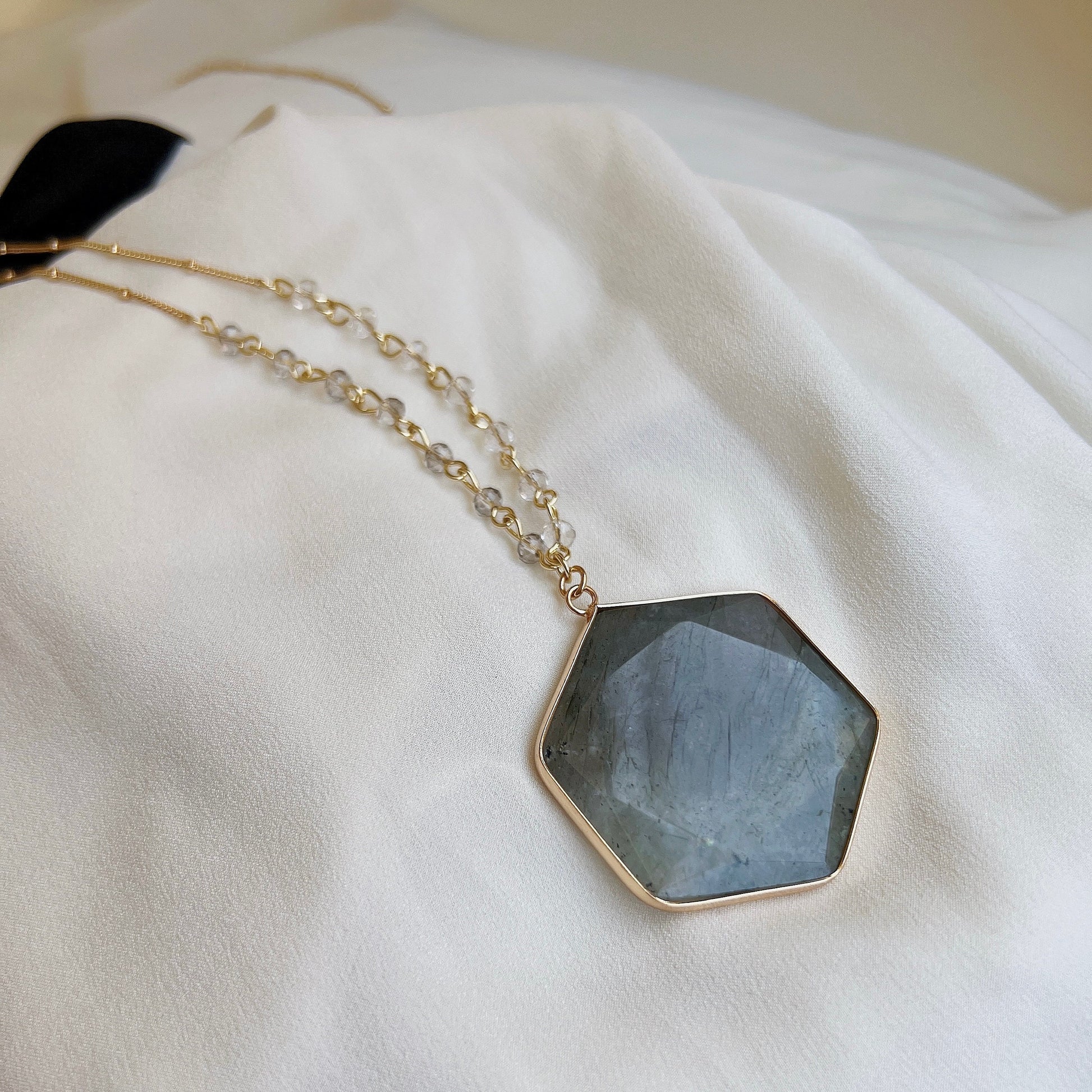 Hexagon Natural Labradorite Stone Pendant Necklace, Half Circle Large Natural Stone necklace, Boho Style 32+2 Inch Long Chain Necklace