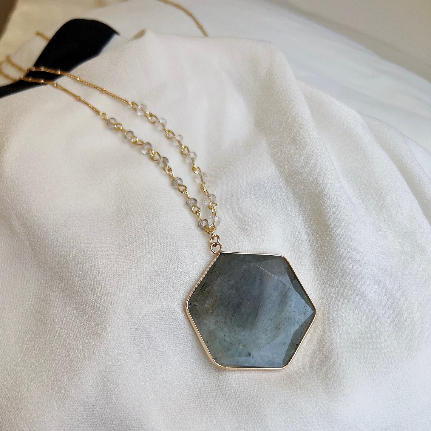 Hexagon Natural Labradorite Stone Pendant Necklace, Half Circle Large Natural Stone necklace, Boho Style 32+2 Inch Long Chain Necklace