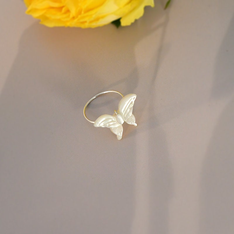 Natural Shell Butterfly Ring with 925 Sterling Silver band, Carved White Butterfly Mother of Pearl Ring, Single Stone Statement Ring