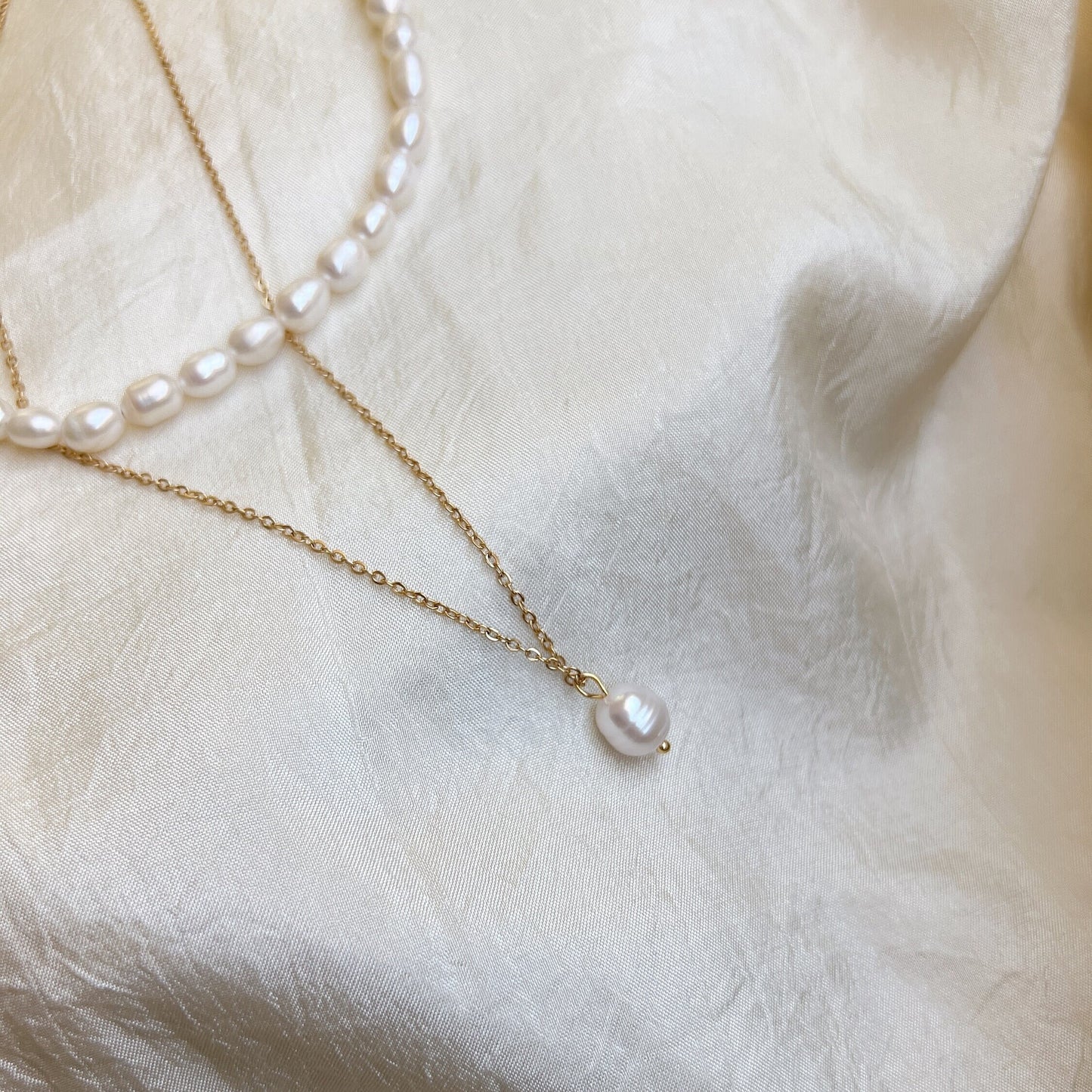 2 layers Natural Freshwater Pearl Necklace, Double Layered Pearl Choker Necklace, Rice Shape Pearl Beaded Necklace