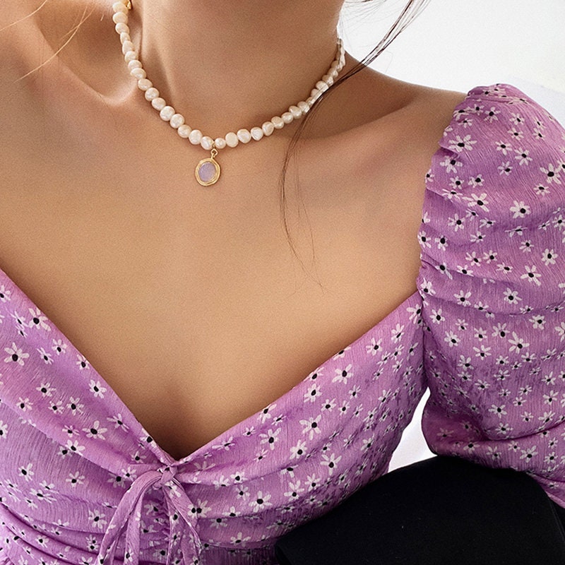 Pearl Lilac Crystal Necklace, Beaded Dainty Necklace, Pearl Gemstone  Jewelry, Pearl Accessories for Women, Princess Necklace, Gift for Her 