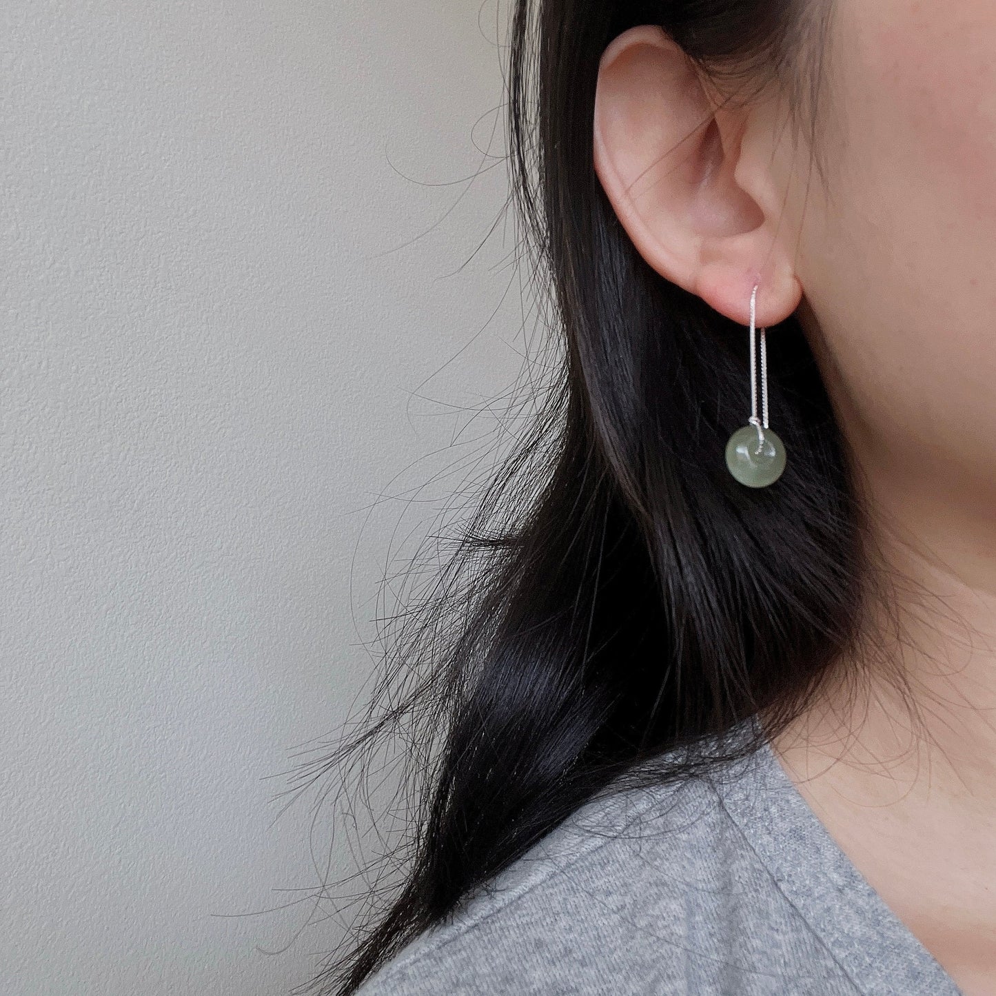 Genuine Hetian Jade Long Drop Tassel Earring, Natural Green Jade Donut Pendant, Silver Gold Long Drop Nephrite Earrings, Donut Ring Earring