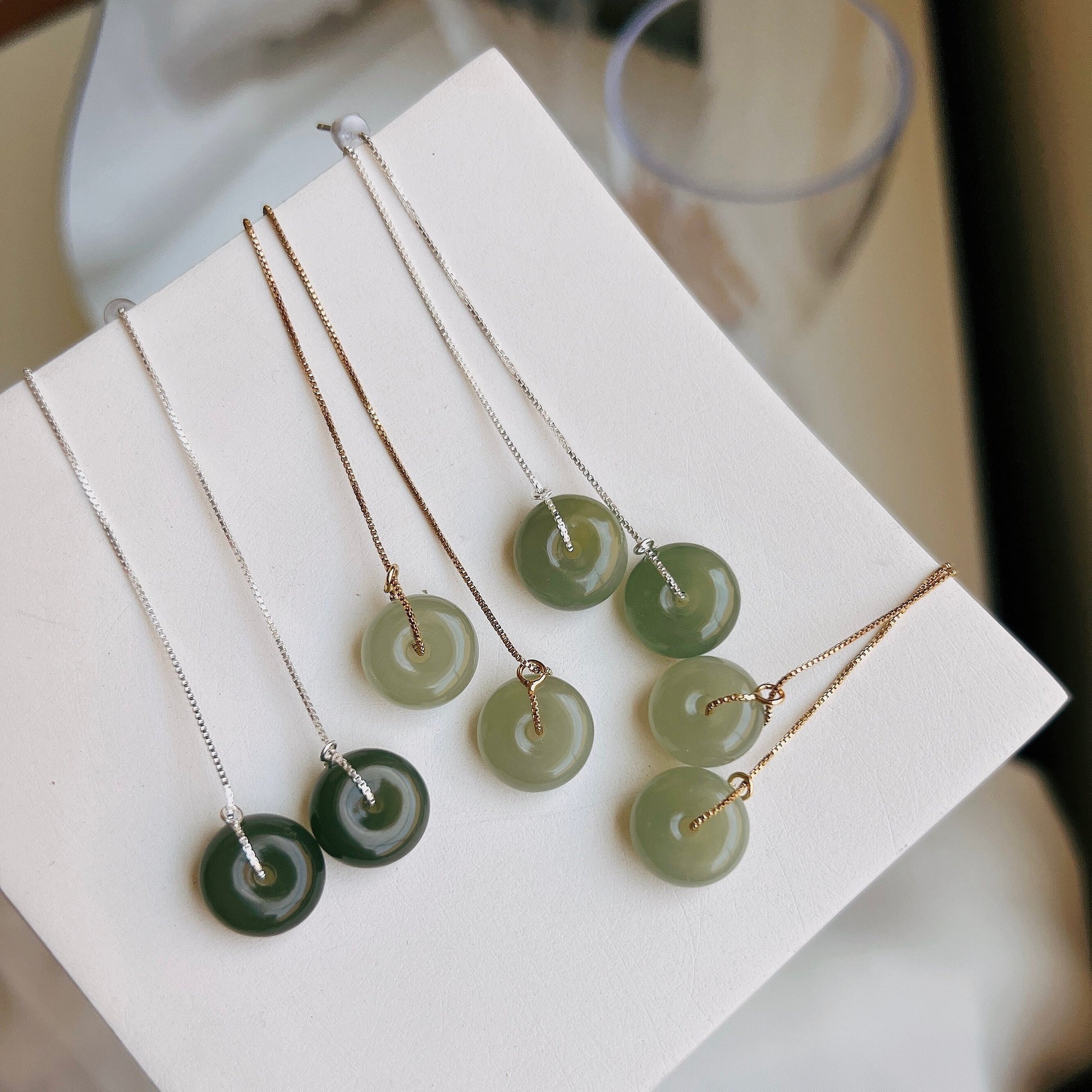 Genuine Hetian Jade Long Drop Tassel Earring, Natural Green Jade Donut Pendant, Silver Gold Long Drop Nephrite Earrings, Donut Ring Earring