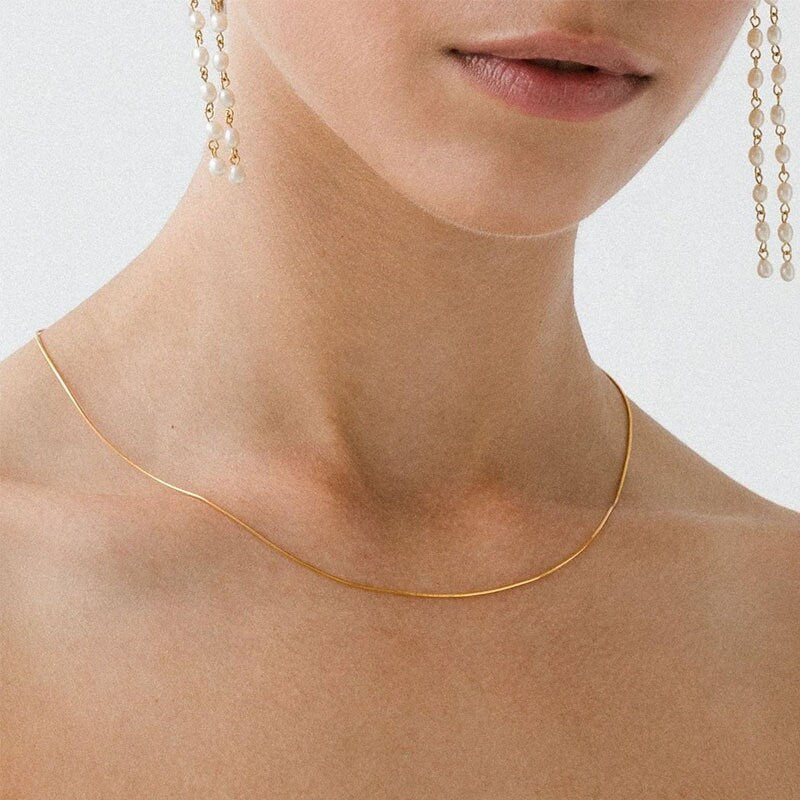 Minimalist Snake Chain Choker Necklace, Dainty Thin Chevron Necklace, 925 Silver Choker, Simple Titanium Steel, 18K Gold Plated