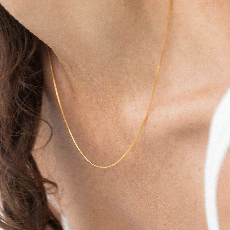 Minimalist Snake Chain Choker Necklace, Dainty Thin Chevron Necklace, 925 Silver Choker, Simple Titanium Steel, 18K Gold Plated