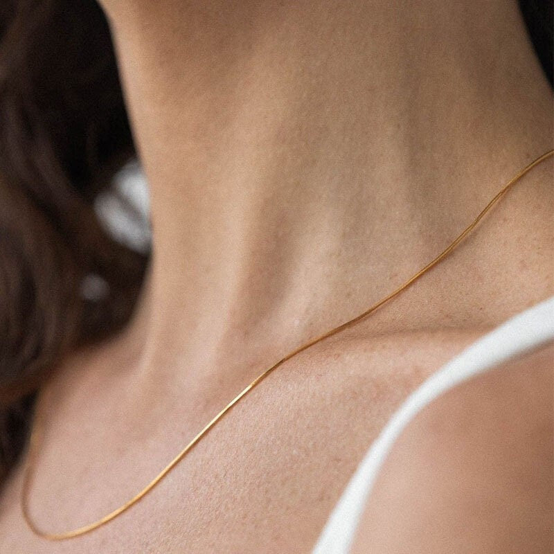 Minimalist Snake Chain Choker Necklace, Dainty Thin Chevron Necklace, 925 Silver Choker, Simple Titanium Steel, 18K Gold Plated