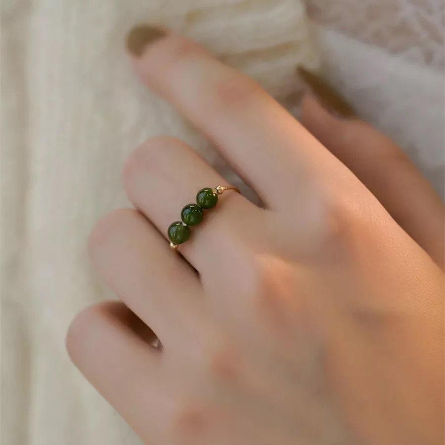 Green Jade Ring, Tiny Jade Beads Stackable Ring, Dainty Jade Ring, Thin Gold Band, Genuine Hetian Jade, Stackable Ring, Multi Stone Ring