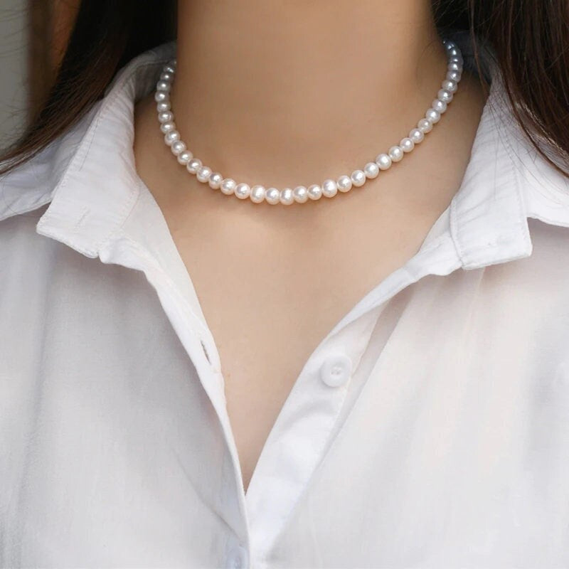 Natural Pearl Chokers, Fresh Water Pearl Necklace, Simple Classic Beaded Pearls Necklace, 6-7mm Pearl Bridal Necklace, Wedding Necklace