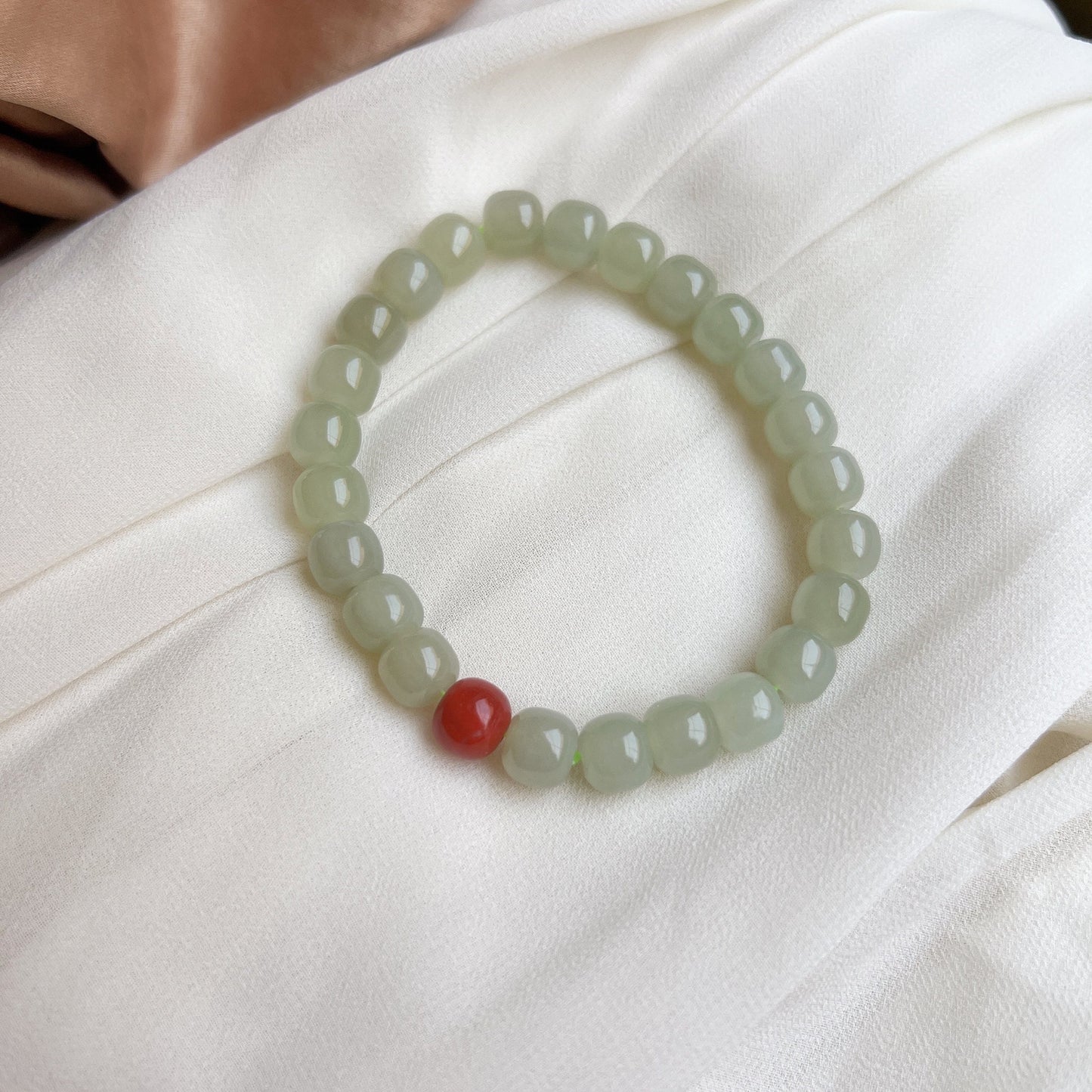 Simple Nephrite Light Green Bracelets Minimalist Natural Hetian Jade Bucket Beaded Bracelet with one south red agate For Women Girls Gift