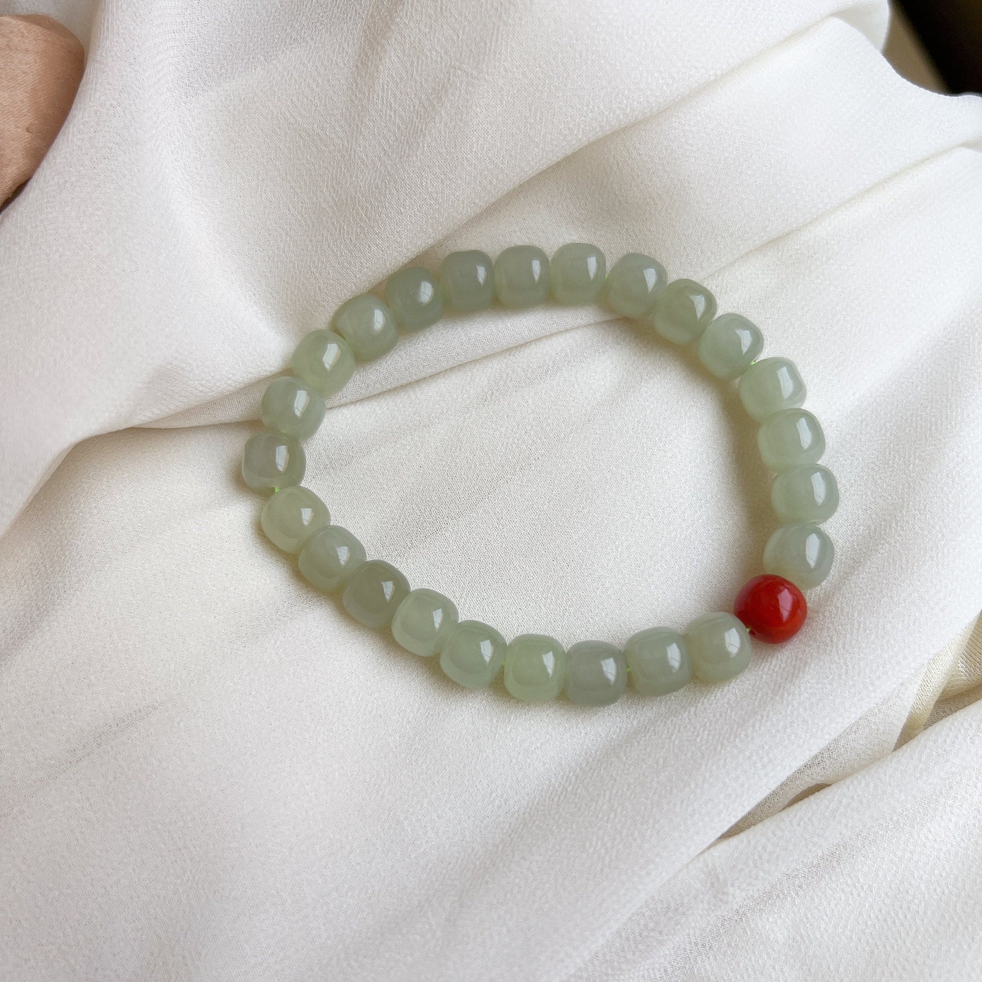 Simple Nephrite Light Green Bracelets Minimalist Natural Hetian Jade Bucket Beaded Bracelet with one south red agate For Women Girls Gift