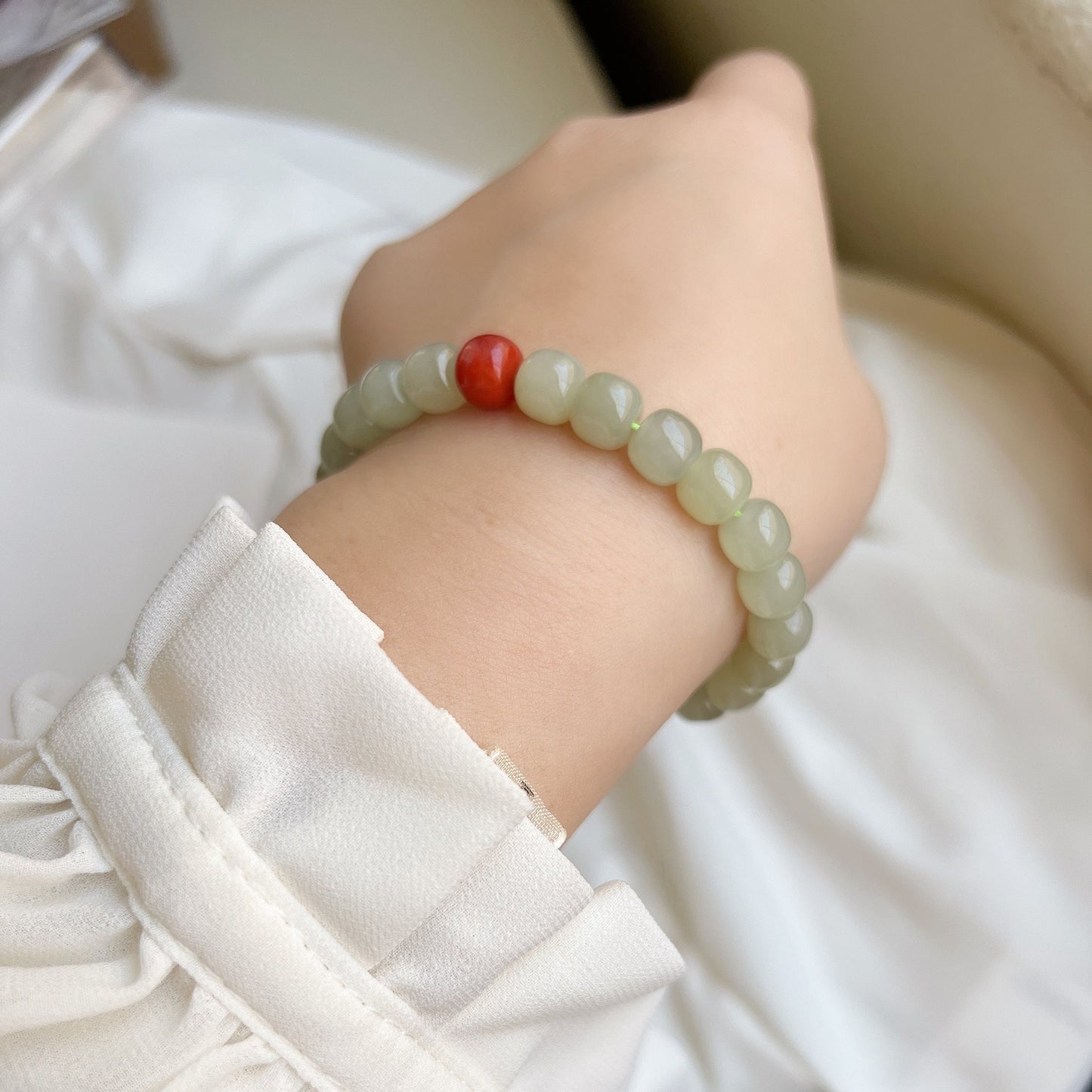 Simple Nephrite Light Green Bracelets Minimalist Natural Hetian Jade Bucket Beaded Bracelet with one south red agate For Women Girls Gift