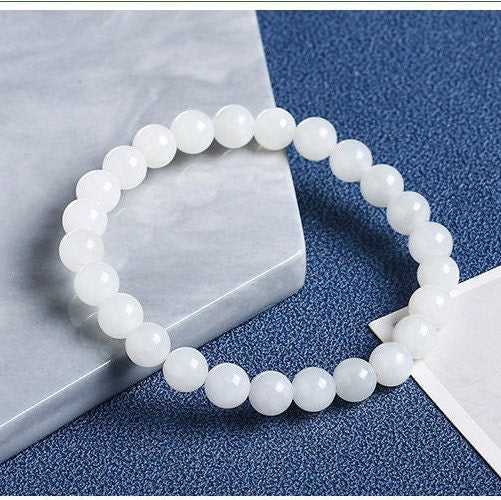 White Hetian Jade Elastic Bracelet, Beaded Jade Stretch Bracelets, High Quality Nephrite Bracelet with Elastic Thread, 8mm 10mm 和田白玉手串