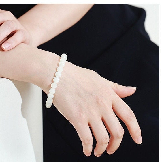 White Hetian Jade Elastic Bracelet, Beaded Jade Stretch Bracelets, High Quality Nephrite Bracelet with Elastic Thread, 8mm 10mm 和田白玉手串