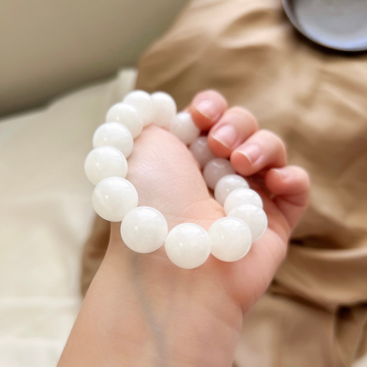 14mm White Hetian Jade Elastic Bracelet, Men woman Nephrite Stretch Bracelets, High Quality Large Size Jade Breads Bracelet 田白玉手串